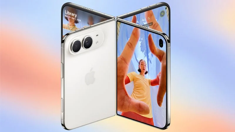 White foldable iPhone open on a pale studio background