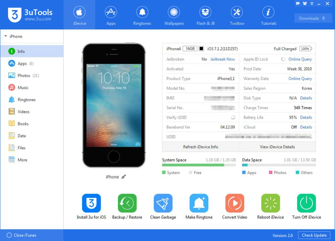 3uTools iDevice window with a black iPhone, battery life, IMEI fields, and storage meters