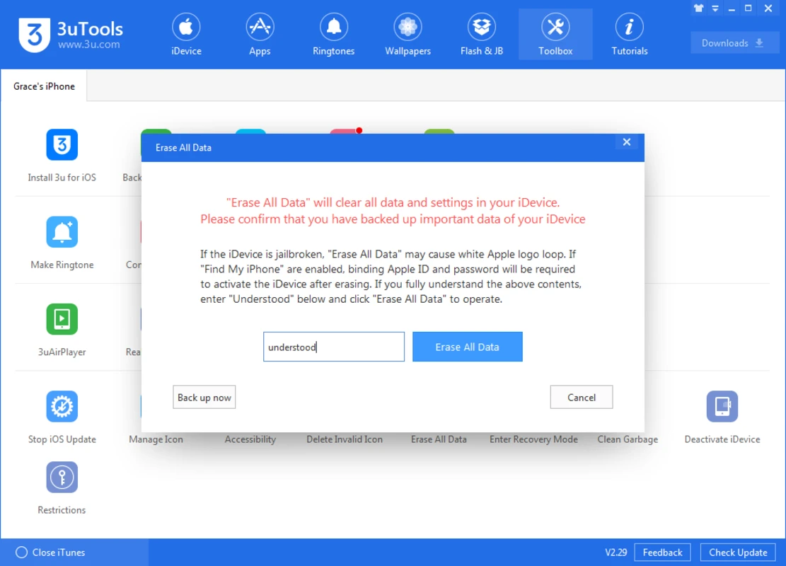 3uTools Erase All Data dialog asking for a typed confirmation before wiping a device