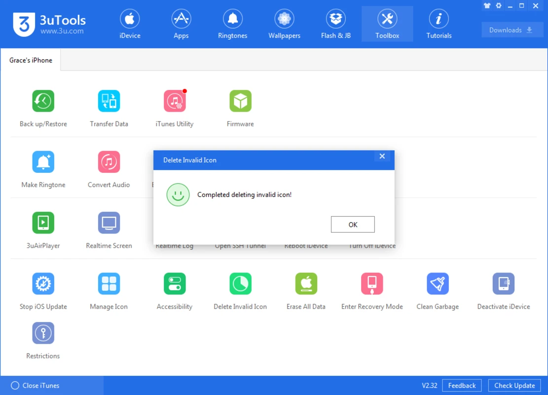 3uTools Toolbox window after deleting an invalid icon