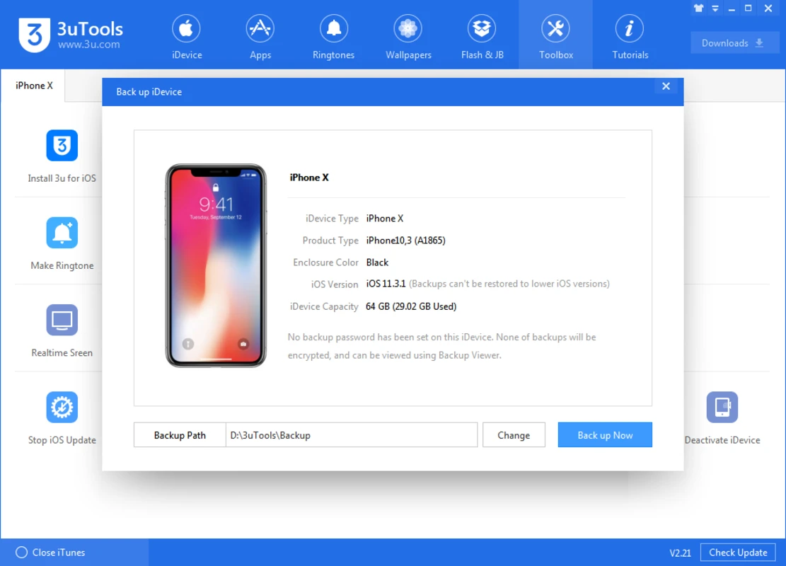 3uTools backup dialog for an iPhone X showing capacity and a backup path